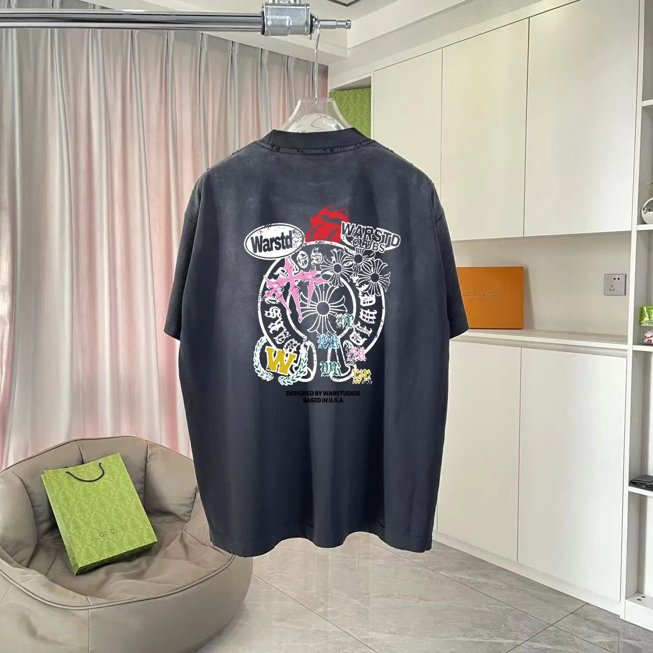 🅿️190 ch Crow* 2025 summer new style, washed, distressed, spray-painted, Sanskrit cross print, short-sleeved T-shirt, customized fabric 320g, same style for men and women, size: S M L XL XXL five sizes, color: black, gray, gradient black, gradient red